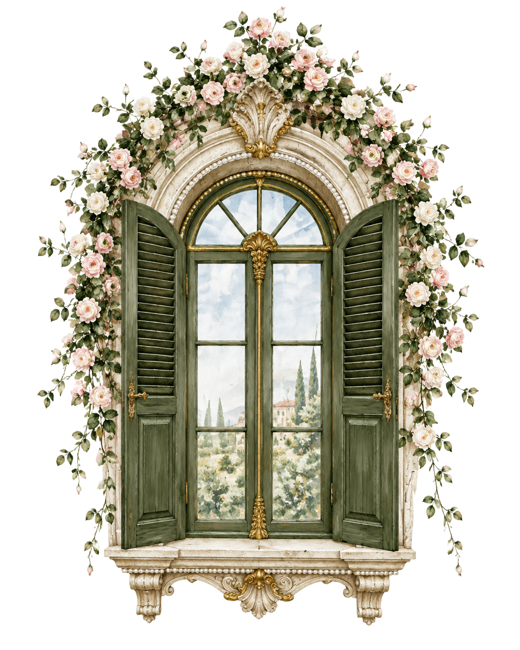 Green villa window with a rose arch
